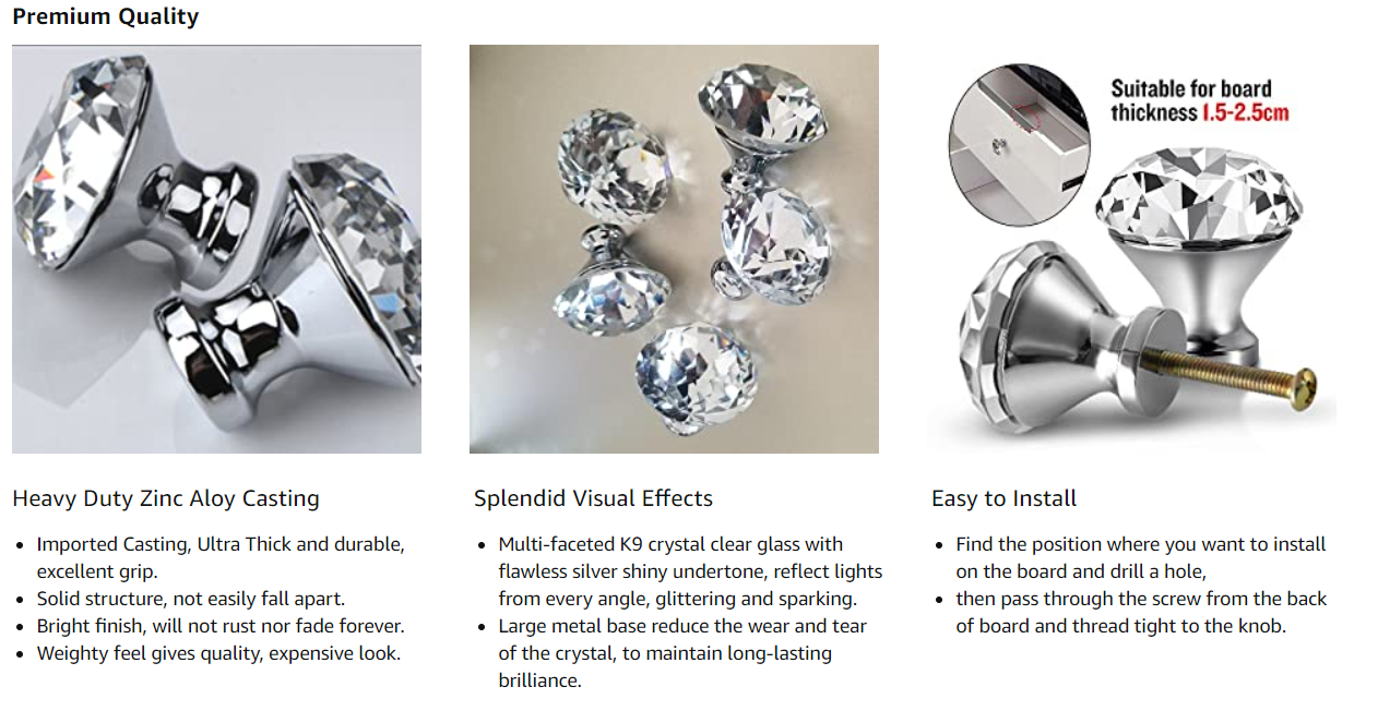 Crystal Glass Cabinet Knobs 30mm Diamond Shape Drawer Kitchen Dresser Cupboard Wardrobe Pulls Handles