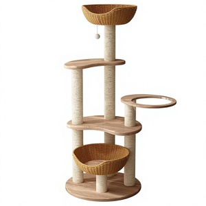 Arbre à chat tout-en-un en bois massif de caoutchouc et rotin, modèle X-03, avec deux paniers, capsule spatiale, style épuré pour chats - Product Image 1