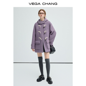 VEGA CHANG 2026 Abrigo de Lana Morado con Capucha y Hebilla de Cuerno, Estilo MIDI, para Mujeres de Baja Estatura - Product Image 2