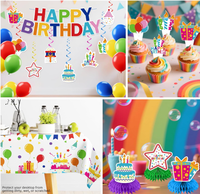 Fournitures pour fête d'anniversaire : Assiettes, gobelets, serviettes, nappes, décorations de gâteau, bannière suspendue, spirales, centres de table en nid d'abeille, vaisselle
