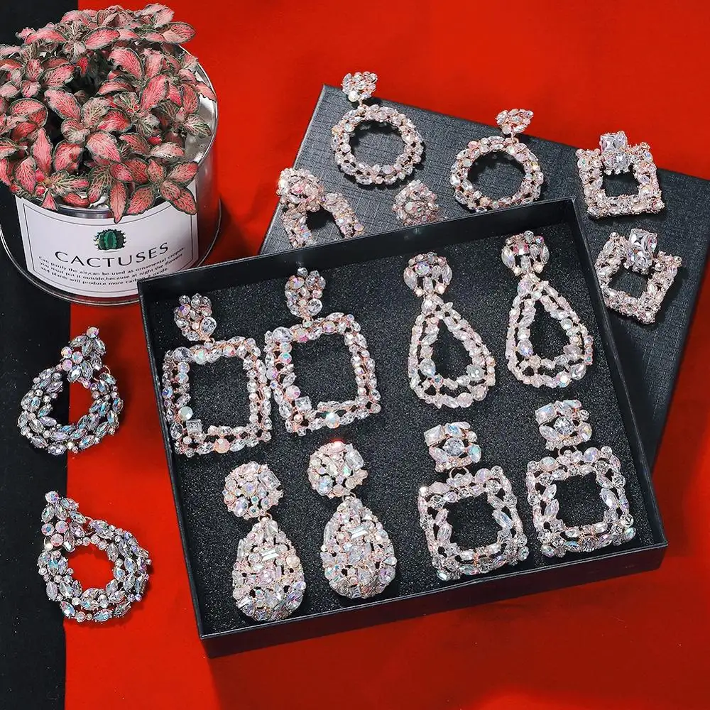 Barlaycs 2021 Statement Fashion Luxury Bridal Geometric Pearl Hoop Stud Crystal Drop Dangle Earrings Set for Women Jewelry