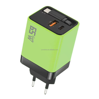 Chargeur GaN USB-C 65W avec prise EU et câble de charge rapide USB-C rétractable, adaptateur secteur PD Type-C 65W