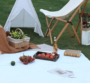 Couverture de camp de pique-nique en toile de coton de couleur unie Portable avec sangle en cuir pour la plage et le camping en plein air tapis en gros - Product Image 3