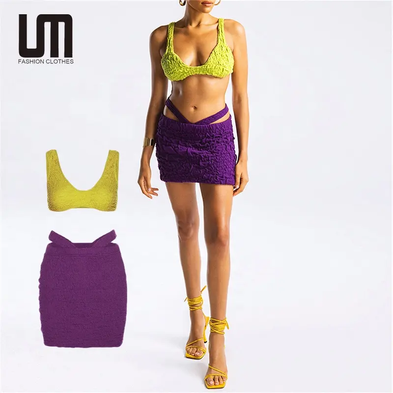 Liu Ming New Fashion 2022 Women Ruched Y2K Clothes 2 Piece Sleeveless Backless Crop Top High Waist Hollow Mini Skirt Set