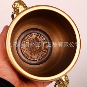 Pure brass ashtray/rice container, living room/office <b>decoration</b>, Chinese retro style, lion-ear bronze <b>jar</b>, colored bronze - Product Image 3
