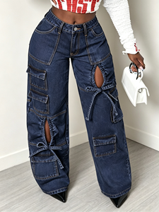 Jeans <span class=keywords><strong>Cargo</strong></span> da <span class=keywords><strong>Donna</strong></span> a Vita Alta con Cut-out e Lacci, Gamba Larga, Tasche Multiple, Cuciture a Contrasto, <span class=keywords><strong>Blu</strong></span> Scuro, Stile Streetwear Baggy - Product Image 1
