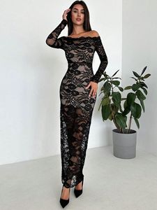 Nuovo Elegante <span class=keywords><strong>Abito</strong></span> Lungo da Donna con Spalle Scoperte e Inserti <span class=keywords><strong>in</strong></span> <span class=keywords><strong>Pizzo</strong></span>, <span class=keywords><strong>Maniche</strong></span> <span class=keywords><strong>Lunghe</strong></span>, Vestito Versatile per Uso Quotidiano e Casual - Product Image 5