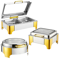 Recipiente para Buffet de Acero Inoxidable de 9L con Tapa Transparente Abatible y Acabado Dorado para Hotel, Restaurante, Catering y Bodas