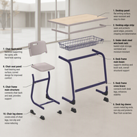 Ensemble de chaise de bureau scolaire moderne à double siège avec dossier intégré, trou pour les mains, rangement sous le bureau, cadre métallique, finition aspect bois stratifié