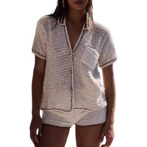 Conjunto de Dos Piezas de Crochet Personalizado para el Verano 2026, Camisa y Pantalones Cortos Calados para Mujer, Ropa de Playa 100% Algodón Transpirable con Cuello Redondo - Product Image 4
