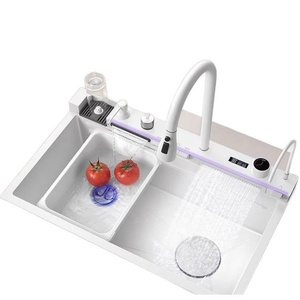 Nuevo producto, <span class=keywords><strong>llave</strong></span> de Piano blanca de una pieza, pantalla Digital, dos grifos de cascada, fregadero de cocina de cerámica con arandela de taza automática - Product Image 1