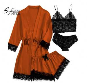 SFY1133 <b>Women's</b> Satin Lace Mesh Bodysuits 4-Piece <b>Sexy</b> Lingerie Sleepwear Set for Homewear <b>Nightwear</b> - Product Image 1