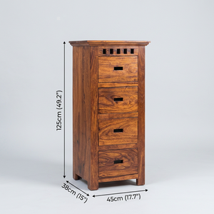 Commode haute en chêne massif de style mid-century moderne avec 4 tiroirs en acier et 3 options de finition, autoportante pour chambre à coucher, commode de luxe - Product Image 3