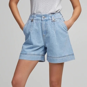 Short en jean taille haute pour femme, style streetwear, orné de strass, bleu délavé – Collection Jorts – Offre Spéciale - Product Image 2