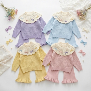 Set Maglione <span class=keywords><strong>per</strong></span> Bambini, Cardigan Lavorato a Trecce con Colletto in Pizzo, Fiocco e Bottoni con Perle, Abbigliamento Boutique Autunno Inverno <span class=keywords><strong>per</strong></span> Bambine - Product Image 4