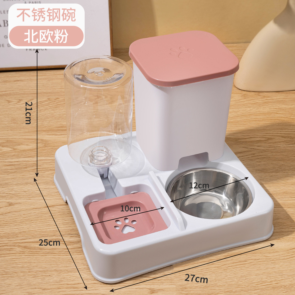 pink and white square feeder + stainless steel bowl