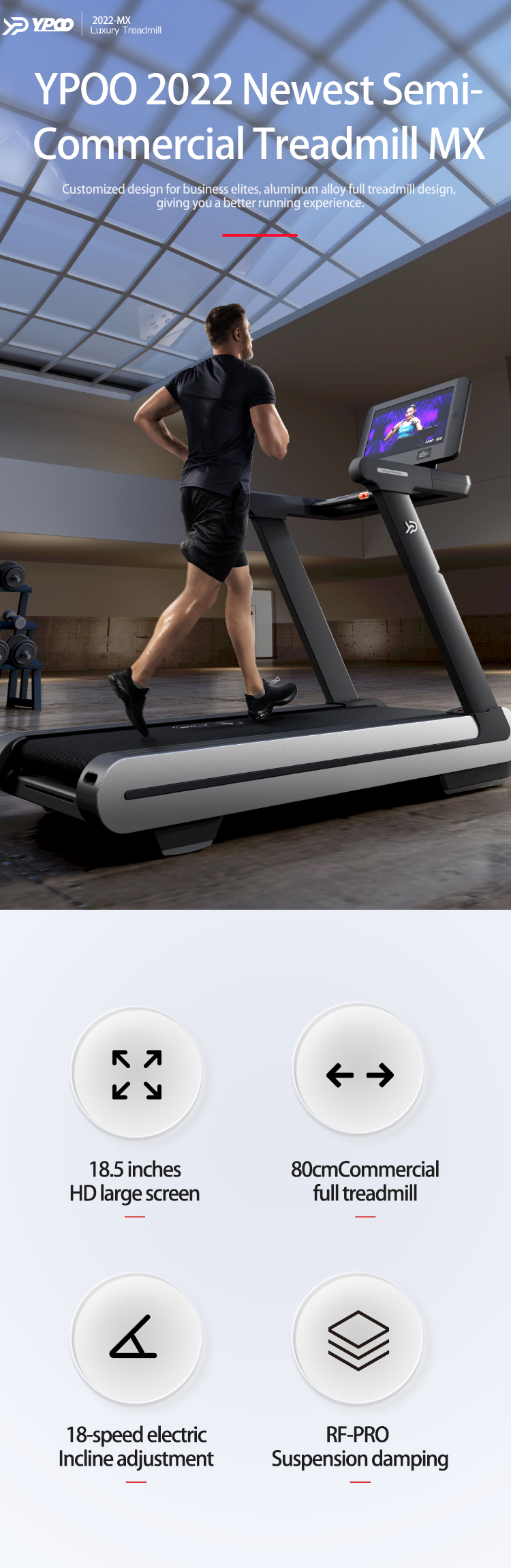 YPOO exercise sport big 18.5 inch screen treadmill machine incline semi commercial treadmill electric treadmill