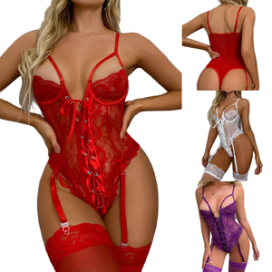 Combinaison sexy en dentelle pour femme à petite poitrine, détails de bretelles, contrôle moyen, tricot en polyester, broderie, tentation - Product Image 5