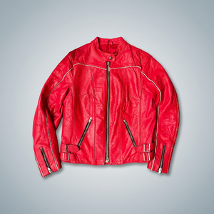 Red Men's Genuine Leather Moto Jacket Stand Collar Zipper Closure Regular Fit Autumn Style - Product Image 3