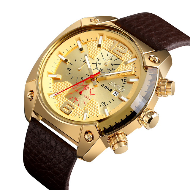 SKMEI 9190 Men's Multifunction Quartz Sport Watch Auto Date Luminous Display 3ATM Leather Strap Stylish Sports OEM Watch for Man