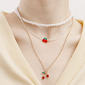 European and American Cross-Border Jewelry Fashion Double-Layer <b>Red</b> Cherry Pendant for Women Imitation Pearl Choker Ins Style - Product Image 2