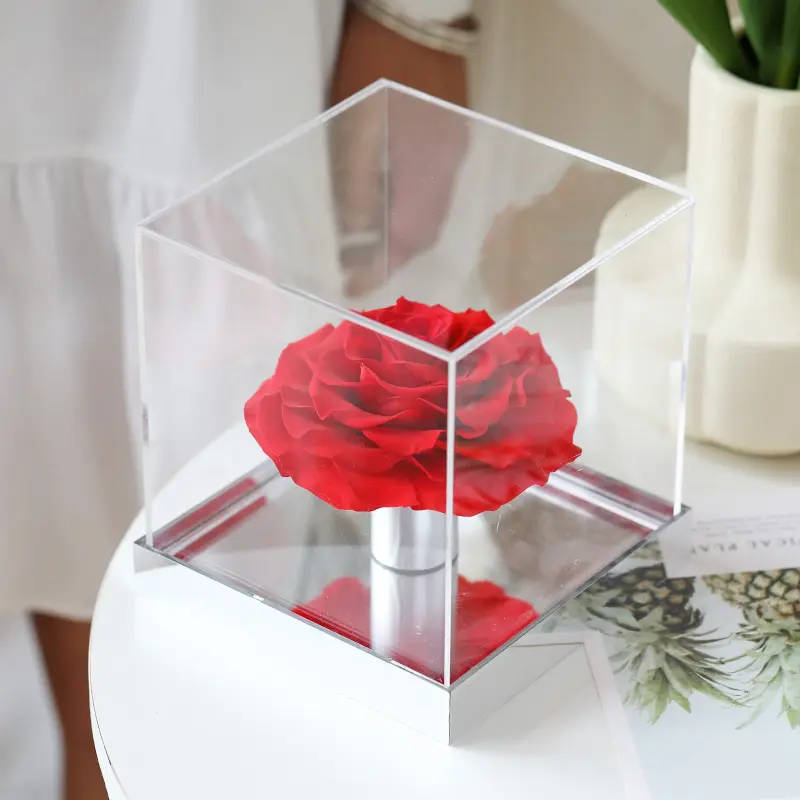 Desain kotak akrilik pada cermin tren baru penjualan laris bunga yang diawetkan Hari Ibu mawar pengiriman cepat 2 kotak 800g