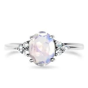 925 Sterling Silver Jewelry Natural Quartz Moonstone Ring Real Rainbow Moonstone Engagement Ring