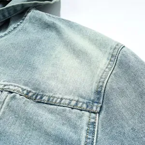 Özel nakış logosu Streetwear hiçbir dize Hoodie pamuk asit yıkama kalın ağır tasarım Denim boy erkekler Hoodie