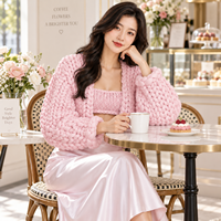 FNJIA Cardigan en laine épaisse 100 % tricoté à la main pour femme, manches lanternes, pull d'hiver épais pour usage quotidien, fournisseur OEM personnalisé