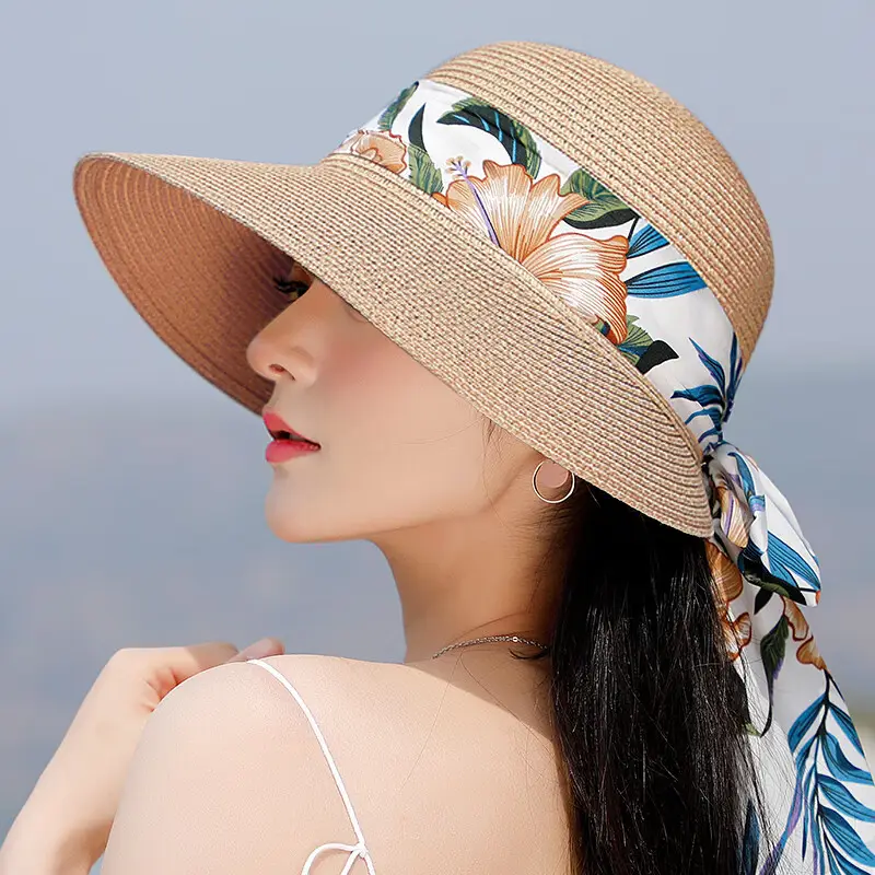 نمط بوهيمي واسع حافة كبيرة سيدة الصيف الشاطئ قبعة القش مخصصة مرنة للنساء