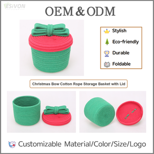 Cesta de Almacenamiento Navideña con Tapa, Color Rojo y Verde, de Cuerda de Algodón Ecológica, para Regalos, Juguetes, Decoración del Hogar, ODM, OEM - Product Image 2