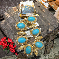 Collier vintage plaqué or motif fleur de squash, ensemble de bijoux en pierre turquoise style western pour femme, cadeau de mariage et de fiançailles