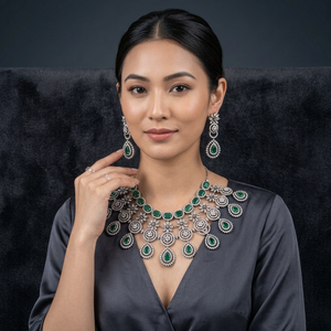 ชุดสร้อยคอและต่างหูเจ้าสาวหรูหรา ชุบทองเหลืองโรเดียม ประดับเพชร CZ สีเขียวมรกต รูปทรงเรขาคณิต สำหรับผู้หญิงในงานแต่งงาน - Product Image 2