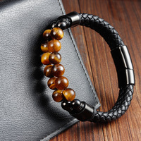 Bracelet pour homme en cuir de vachette noir, cordon double couche, acier inoxydable 316, fait main, multi-couches tressées, cuir véritable OEM