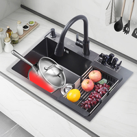 Vente en gros d'évier de cuisine multifonction moderne à encastrer en acier inoxydable 304 Nano noir à cuve unique évier de cuisine fait à la main