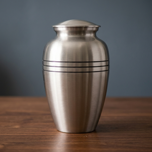 Urna Funeraria de Aluminio Plateado para Cenizas Humanas, Urna Conmemorativa de Sobremesa con Tapa, Florero Decorativo Moderno Redondo - Artesanía India para el Hogar - Product Image 1