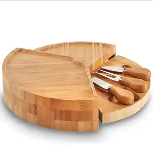 Round 4 tiers foldable rotating bamboo cheese board with knives in hide drawer