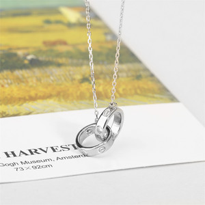 S925 Silver Double <b>Ring</b> Pendant <b>Necklace</b> Geometric Lovers Design Fashionable Clavicle Chain Gift Jewelry - Product Image 3