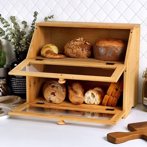Boîte à pain en bambou avec fenêtre en verre, rangement double couche pour comptoir de cuisine - Product Image 3
