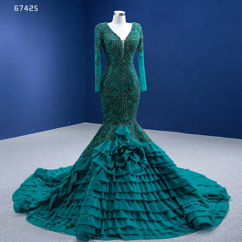 Rsm67425 Bride 2022 New Elegant Heavy Handmade Beaded Fishtail Long-Sleeved Green Evening Dress