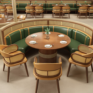 Banqueta de Cuero Verde Bosque con Respaldo de Ratán, Estilo Tropical Chic, Juego de Muebles de Comedor para Restaurante, Juego de Asientos Circulares - Product Image 5