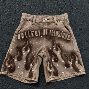 Bên Túi Mặt Trời phai màu nâu Tùy chỉnh cao eo cổ điển đau khổ Rhinestone mùa hè đầu gối dài jeans denim quần short baggy jorts - Product Image 2