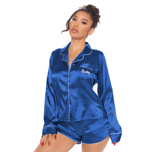 Set <span class=keywords><strong>Pigiama</strong></span> Donna Personalizzato in Vari Stili, <span class=keywords><strong>Maniche</strong></span> Lunghe e Pantaloncini in Raso, Completo Due Pezzi per Dormire - Product Image 4