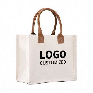 Bolsa de Lona Cuadrada de Alta Calidad para Mujer, con Logotipo Personalizado, Bolsa de Compras de Lona de Algodón Laminada con Asa de PU - Product Image 1