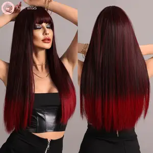 Colorful Wig With Bangs Straight Long Wig For Women Dark Red Hair Synthetic Heat Resistant Fiber 24 Inches For Cosplay Lolita