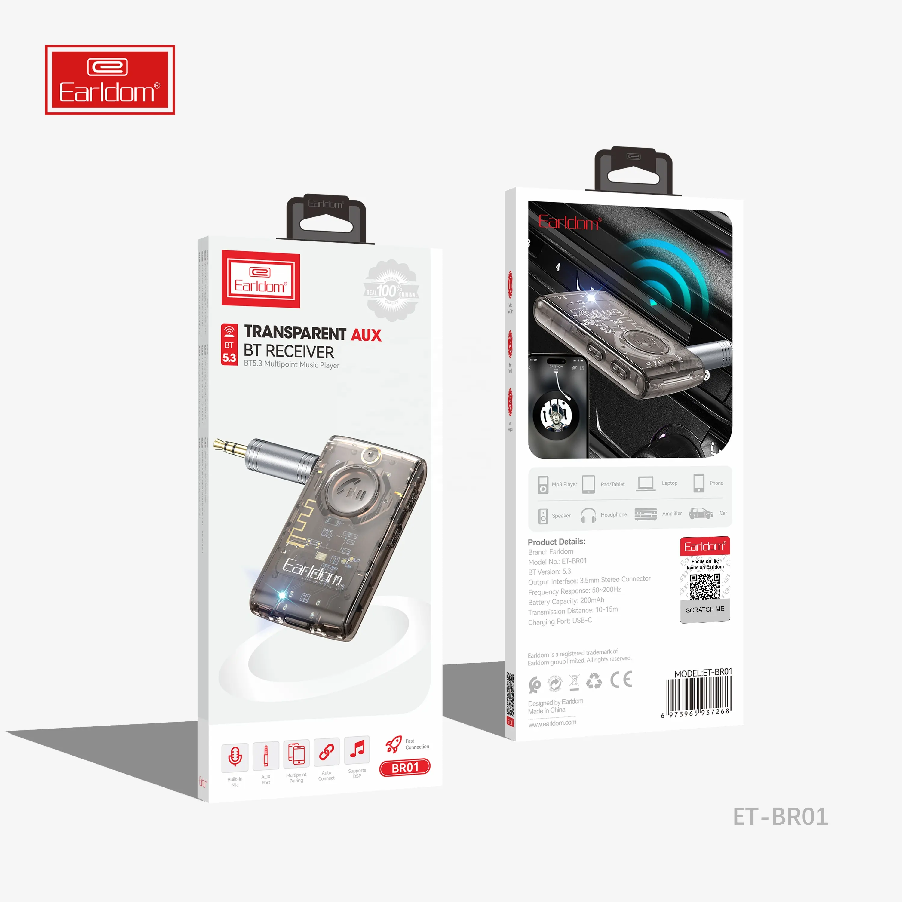 EARLDOM 3.5mm BluetoothカーキットワイヤレスハンズフリーカーキットV5.3ミュージックアダプター (車/イヤホン/スピーカー用) 透明