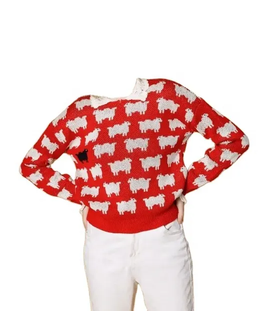 Джемпер Diana жаккардовый, красно-белый Новогодний джемпер или рождественский джемпер с белым овечьим кружевным воротником