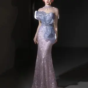L-213 sexy màu tím máy chủ dây cổ đính cườm Nàng Tiên Cá bên áo sequin beading bóng áo choàng prom Ăn mặc