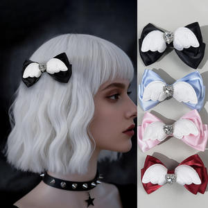 Barrette en satin faite à la main avec nœud et ailes de ballerine, ornée de strass, mignonne et élégante, SASA Gift, pince latérale, ailes d'ange, 9,5x6cm, style Lolita - Product Image 2