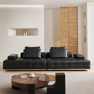 Italian Minimalist Black Top Grain Half Leather Straight Sofa Light Luxury Genuine Leather Living Room Couch - Product Image 1
